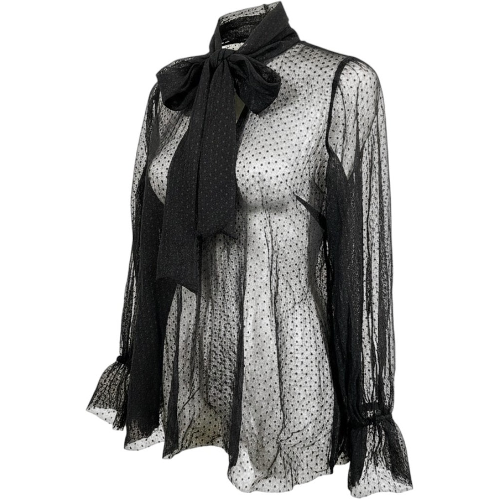 Quum Sheer Polka Dot Mesh Blouse Women 1X Tie Neck Long Sleeve Gothic Romantic